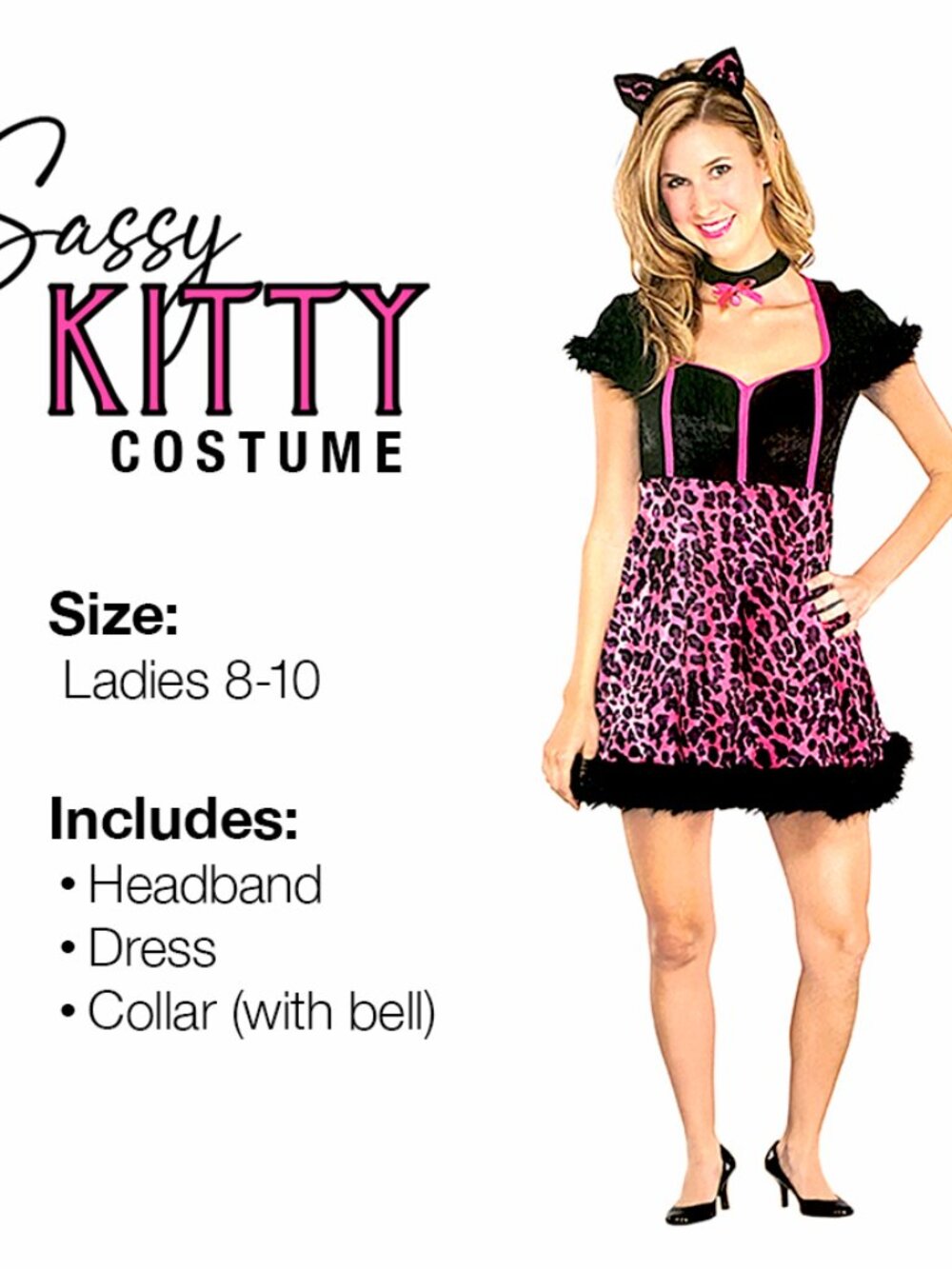 Women’s Cat Halloween Costume – Pink & Black Leopard Print Size 8–10